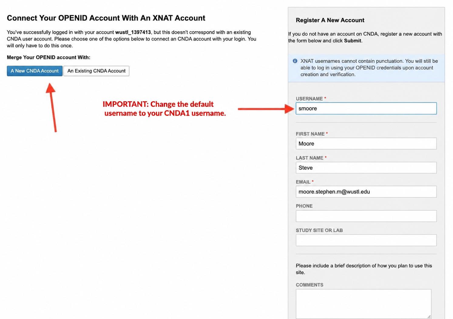 The CNDA2 registration page. Select "A New CNDA Account" and replace the generated username with your existing CNDA1 username.